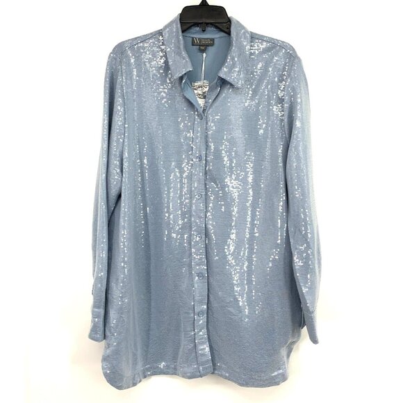Worthington x Jason Bolden Top Blue Sequin Button Down Long Sleeve - Picture 1 of 11